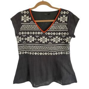 THML Charcoal White Embroidered Boho Top SMALL Peplum Flutter Sleeve Casual